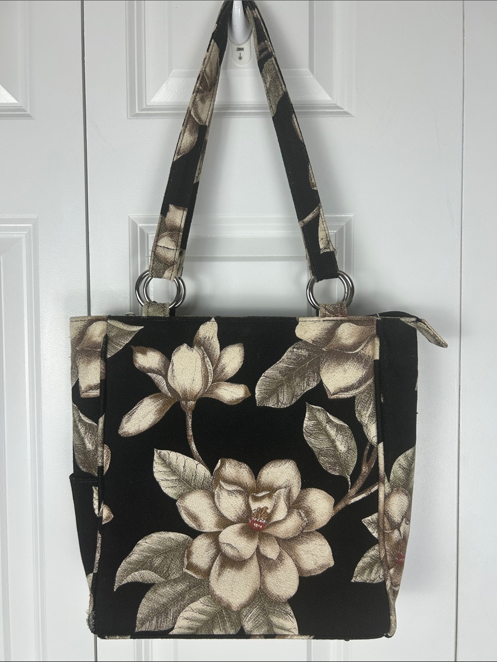 Black Floral Tote Bag with Cream Magnolia Accents